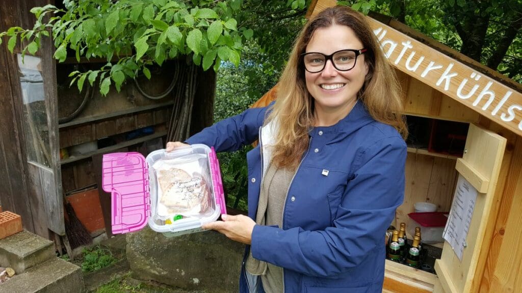 A natural refrigerator, cooled by spring water, offering snacks and drinks, made by a local farmer with their own farm-grown home-made ingredients.